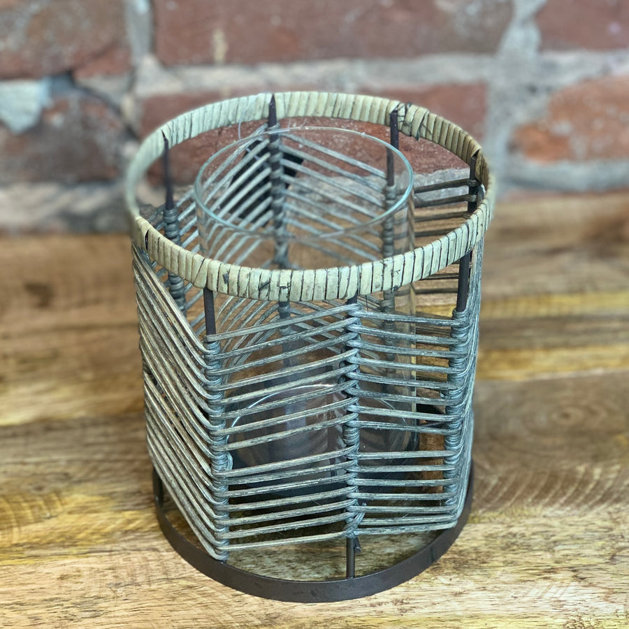Chevron Patterned Bamboo & Metal Candle Holder