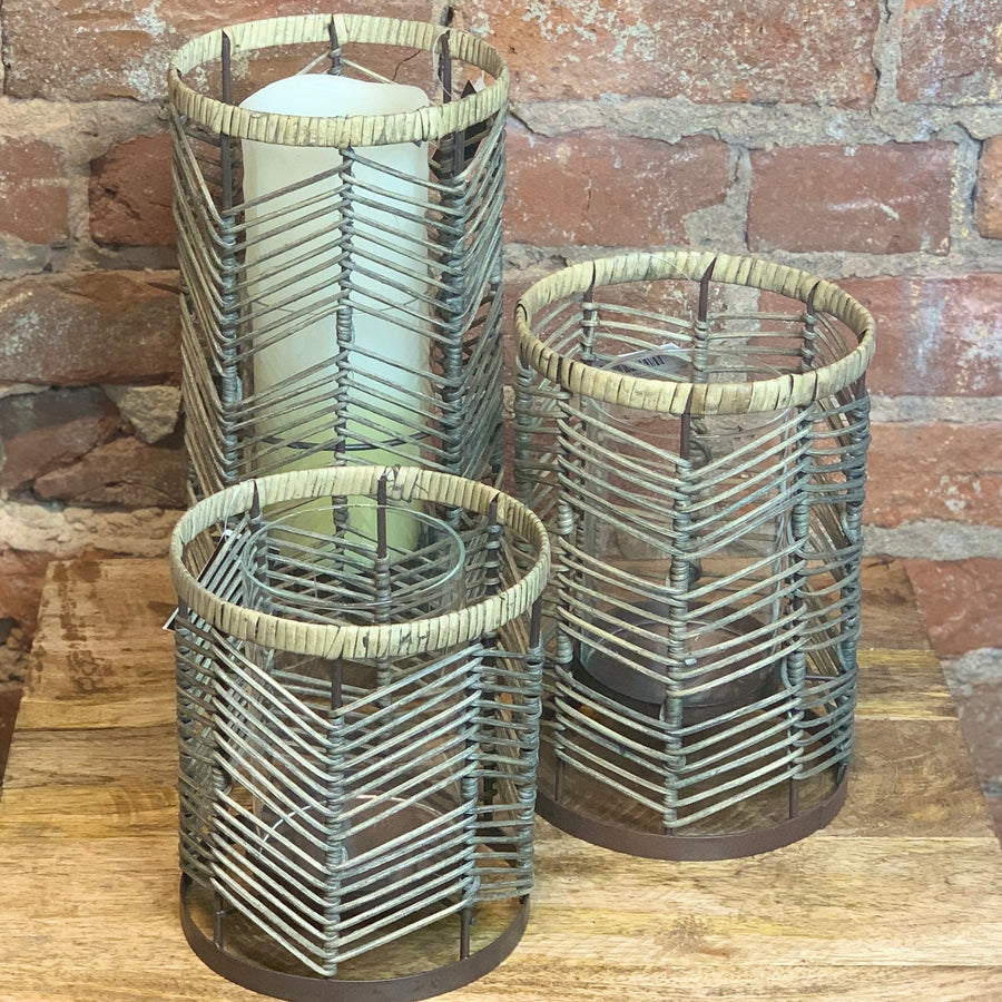 Chevron Patterned Bamboo & Metal Candle Holder