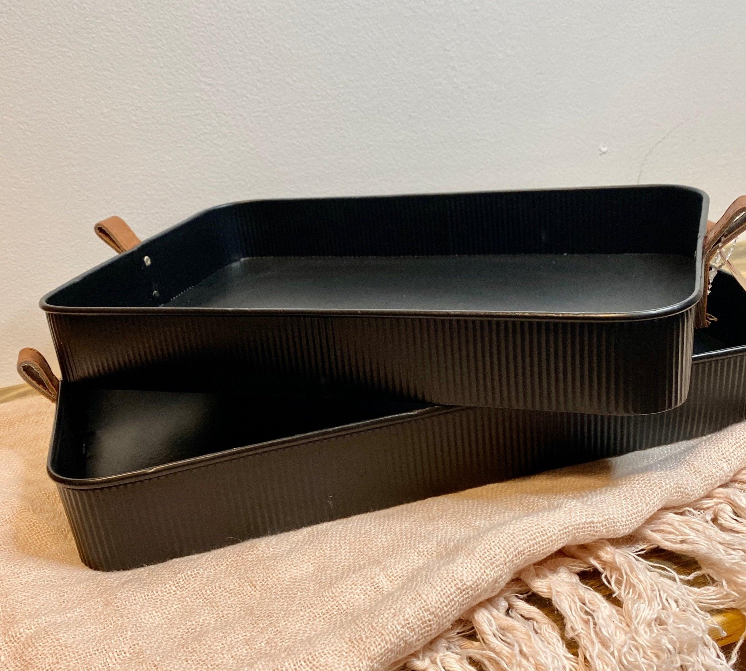 Black w/ Leather Handle Rectangle Tray - MarketPlaceManning