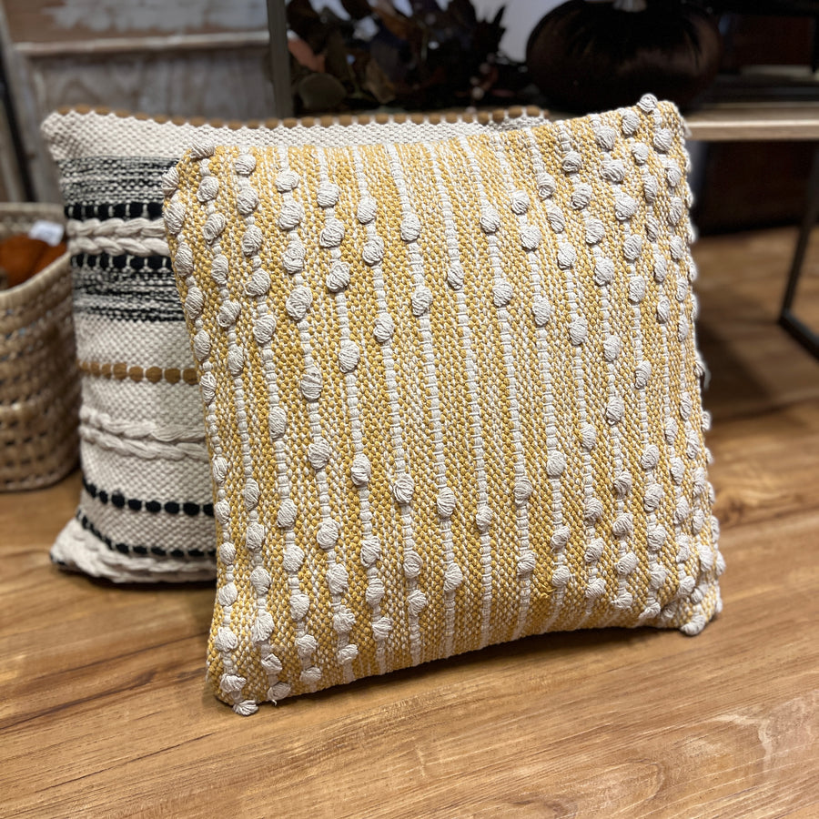 Ochre & Natural Striped Pillow with Bobbles